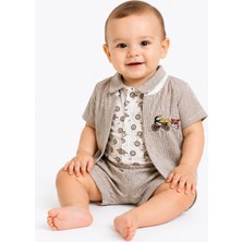 Dinamik çocuk Erkek Bebek Bisiklet Desenli 3lü Yazlık Takım Çıtçıtlı Badi + Çizgili Şort + Kısa Kollu Üst 0-3-6-9AYLIK
