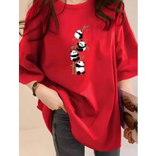 Nıgrum Pardus Özel Üretim Bambu Pandalar Baskılı %100 Pamuk Battal Kadın T-Shirt