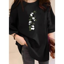 Nıgrum Pardus Özel Üretim Bambu Pandalar Baskılı %100 Pamuk Battal Kadın T-Shirt