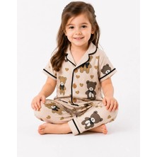 Dinamik çocuk Kız Çocuk/bebek Ayı Desenli Kısa Kollu Alt Üst 2li Pijama Takımı Yazlık 6-24AY/3-6YAŞ