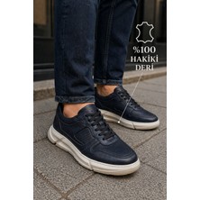 Zueofficial Erkek Lacivert Hakiki Deri Sneaker - Beyaz Kalın Tabanlı Şık Tasarım