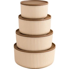 Naque 4'lü Modern Saklama Kabı Seti, Çizgili Bej Plastik, Bpa Içermeyen, Mikrodalga ve Dondurucu Uyumlu, 2.5L-1.5L-0.80L-0.45L Kapasiteli, Yuvarlak Tasarım