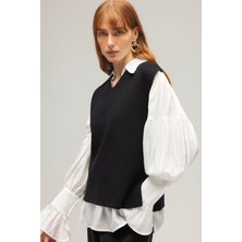 Saade Siyah Kadın V Yaka Oversize Triko Süveter – Yan Yırtmaçlı Tasarım