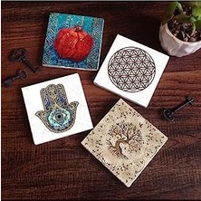 Naque Yaşam Çiçeği, Hayat Ağacı, Nar, Fatma Ana Eli  Taş Bardak Altlığı Seti - 4 Parça - Dekoratif, Rustik Mutfak Aksesuarı, 10X10 Cm, Kaydırmaz Tabanlı, Şık ve Dayanıklı SC152