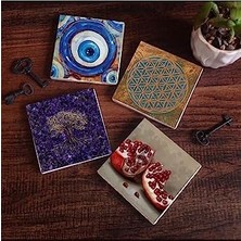 Naque Nazar, Yaşam Çiçeği, Hayat Ağacı, Nar Taş Bardak Altlığı Seti - 4 Parça - Dekoratif, Rustik Mutfak Aksesuarı, 10X10 Cm, Kaydırmaz Tabanlı, Şık ve Dayanıklı SC465