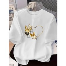 Nıgrum Pardus Özel Seri Gold Kelebekler Baskılı %100 Pamuk Büyük Beden Şık Kadın T-Shirt