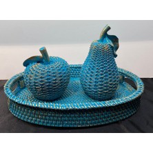 Özgürce Turkuaz ve Gold Detaylı Dekoratif Polyester Meyve ve Tepsi Seti