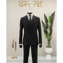 Beystil Sivri Yaka Siyah Çizgili Kruvaze Takım Elbise 53151 - Slim Fit