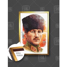 SML Tablo Mustafa Kemal Atatürk Kalpaklı Ilüstrasyon  Dikey Çerçeveli Kanvas Tablo
