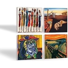 Naque Salvador Dalí Belleğin Azmi, Picasso Ağlayan Kadın, Çığlık, Yerli Kadınlar Taş Bardak Altlığı Seti - 4 Parça - Dekoratif, Rustik Mutfak Aksesuarı, 10X10 Cm, Kaydırmaz Tabanlı SC323