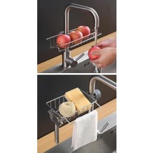 Naque Mutfak Organizeri Tek Kat Demir Raf, Musluğa Klipsli Paslanmaz Çelik Evye Düzenleyici, Delmesiz Kurulum, Açık Drenajlı Süngerlik, Askılı Lavabo Içi Raf, Paslanmaz ve Dayanıklı Evye Organizeri