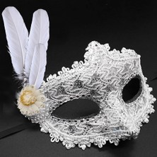 Livenda Beyaz Renk Tüylü Dantelli Taşlı Balo Maskesi