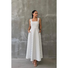 Vess Moda Puantiyeli Likralı Omuz Askılı Uzun Elbise