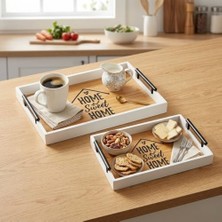 Naque Dekoratif Ahşap Servis Tepsisi 2’li Set – Beyaz Çerçeveli Kahve & Sunum Tepsisi, Kaymaz Kulplu, Mutfak ve Salon Için