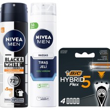 Naque Men Erkek Sprey Deodorant & Invisible Güçlü Etki 72 Saat Anti-Perspirant Koruma 150ML + Tıraş Jeli 200 ml + Bıc Hybrid 5 4'lü Yedek Tıraş Bıçağı Kartuşu (5 Bıçak)