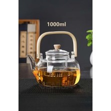 Naque Ahşap Saplı Cam Filtreli Demlik 1000 ml - Isıya Dayanıklı Cam Bitki Çayı Demlik
