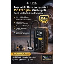 Auhma A7777 Taşınabilir Hava Kompresörü 150 Psı Dijital Göstergeli Şarjlı Lastik Şişirme Pompası