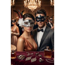 Zurafa Shop Çiftler Için Ikili Balo Maskesi Seti - Gri Renk Pullu Tasarım Kadın -Masguarde Erkek  Venedik   Maskesi Kombini