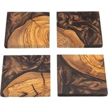 Naque Zeytin Ağacı & Kahverengi Epoksi Bardak Altlığı Seti 4’lü – El Yapımı Ahşap Reçine