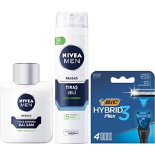 Naque Men Erkek Hassas Tıraş Sonrası Balsam 100 Ml, E Vitamini, Pro Vitamin, Alkolsüz, Hassas Ciltlere Özel + Tıraş Jeli 200 ml + Bıc Hybrid 3 4'lü Yedek Tıraş Bıçağı Kartuşu