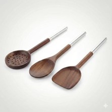 Naque AMBERHAUS%100 Doğal Akasya Ahşap & Paslanmaz Çelik 3’lü Mutfak Seti | Kaşık, Spatula, Kevgir | Isıya Dayanıklı ve Şık Servis Takımı (3'lü Set)