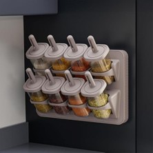 Naque 8'li Standlı Baharatlık Seti, Tezgah Üstü ve Duvara Monte, Kilitli Kapak, Şeffaf Kavanozlar, Bpa Içermez, Modern Minimalist, Bej/gri