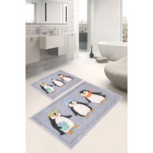 PremiumPort Penguen Desenli Dijital Baskılı Çiftli Banyo Paspası Seti