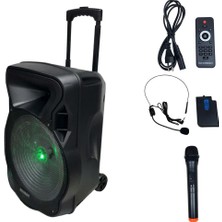 Electromaster ES-3845 15'' Portatif Taşınabilir Ses Sistemi 200WATT 1el Telsiz+1yaka Telsiz