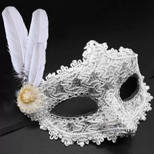 Marsilyan Beyaz Renk Tüylü Dantelli Taşlı Balo Maskesi