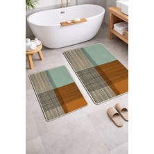 PremiumPort Modern Geometrik Banyo Paspas Takımı 2'li Su Yeşili ve Kiremit, Kaymaz Tabın