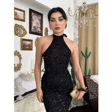 Tumtum Wear Boyundan Bağlamalı Nakışlı Pul Detaylı Şık Elbise