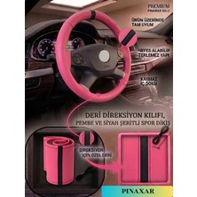 PINAXAR Smart Için Uyumlu Pembe Siyah Şerit Suni Deri Direksiyon Kılıfı (Dikmeli)