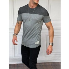 Modefendicom Çift Renk Parçalı Detaylı Pamuk Örme Slimfit Tshırt