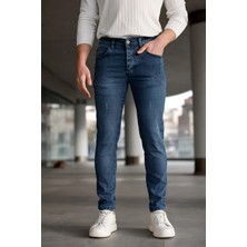 Modamesto Erkek Mavi Slim Fit Likralı Dar Paça Lazerli Kot Pantolon