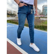 Modamesto Erkek Mavi Slim Fit Likralı Jean Pantolon