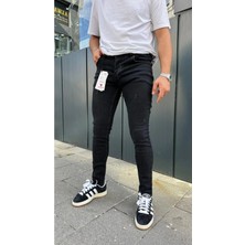 Modamesto Erkek Siyah Slim Fit Lazerli Likralı Jean Pantolon