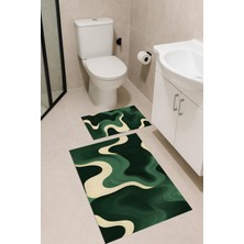 PremiumPort Yeşil Dalga Desenli Banyo Paspas Takımı 2'li Dijital Baskı Yıkanabilir