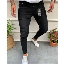 Modamesto Erkek Siyah Taşlamalı Slim Fit Likralı Jean Pantolon