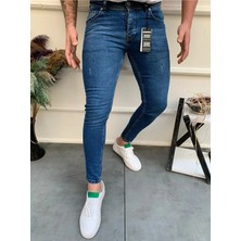 Modamesto Erkek Mavi Slim Fit Lazerli Likralı Jean Pantolon