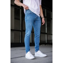 Modamesto Erkek Açık Mavi Slim Fit Likralı Dar Paça Lazerli Kot Pantolon