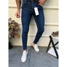 Modamesto Erkek Lacivert Slim Fit Lazerli Likralı Jean Pantolon