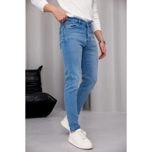 Modamesto Erkek Açık Mavi Slim Fit Likralı Dar Paça Lazerli Kot Pantolon