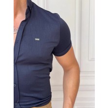 Modefendicom Pamuk Likra Gofre Kumaş Slim Fıt Kalıp Kısa Kollu Gömlek