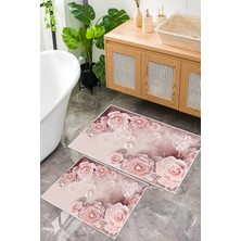 PremiumPort Pembe Gül Desenli Dijital Baskı Kaymaz Taban Banyo Paspası 2'li Set