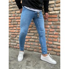 Modamesto Erkek Açık Mavi Slim Fit Lazerli Likralı Jean Pantolon