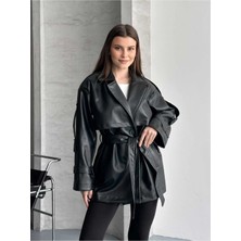 Vess Moda Omuz ve Kol Apolet Detaylı Ara Boy Deri Trençkot