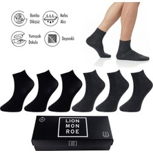 Lion Monroe Saf Bambu Erkek Yarım Konç Düz Siyah - Antrasit Çorap Dikişsiz Premium Kutulu 6'lı  Prime Bamboo Serisi S3904AZNS
