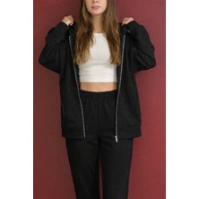 Olleo Kadın Siyah Kapüşonlu Oversize Modal Kumaş Yumuşak Tuşe Fermuarlı Hırka