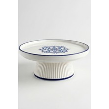 Evcime El Yapımı Ayaklı Seramik Sunum Tabağı & Pasta Standı - Etnik Desenli - 20 cm - Mavi Beyaz