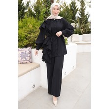 İmaj Butik Siyah Volanlı Bel Bağlamalı Tunik Pantolonlu Takım